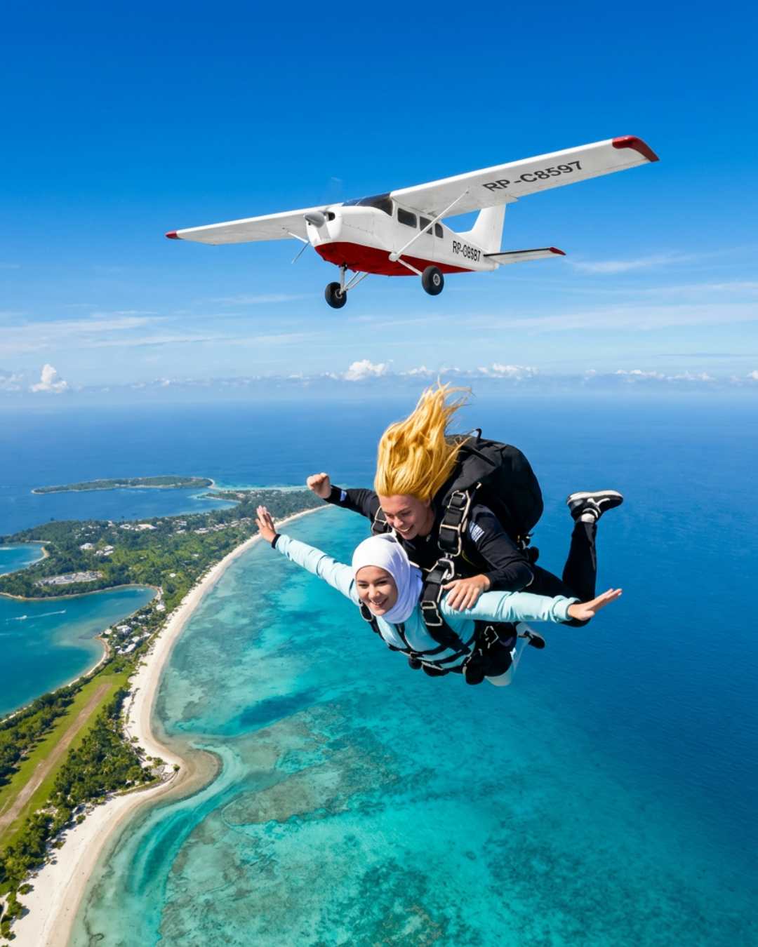 Aerial views of Palawan coastline from a skydive above San Vicente
